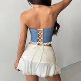 Sexy Imitates Denim Camisole Women Off Shoulder Lace Trim Bandage Cross Slim Fit Fishbone Tank Top 2026 Lady Club Party Vest