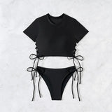 2026 New 2 Piece Swimsuit for Women Solid Color Sexy Drawstring Short Sleeve Bikini Set Beach Vacation Bathing Suit Swimwear
