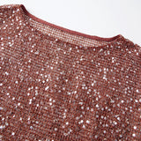 Summer Women's Fishnet T-shirt Casual Loose Fit Stylish Solid Color See Through Sequined Crew Neck Elbow Sleeve Tops