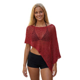 Women Loose See Through Boat Neck Off Shoulder Asymmetrical Crop Coverup Tops Spring Summer Holiday Beach Knitted Poncho