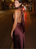 Elegant Solid Color Satin Halter Lace Up Long Dress Sexy Off Shoulder Backless Sleeveless Bodycon Dresses New Lady Party Robe
