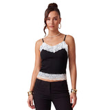 Women's Summer Solid Color Slim Fit Camisoles Spaghetti Strap Stylish Lace Trim Crop Tops