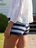 Women Spring Summer Fashion Low Waist Mini Shorts Holiday Beach Knit Shorts Stripes Print Stretchy Shorts