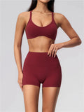 2 Piece Summer Yoga Sets for Women Hollow Back Cross Sports Bra Fitness Clothes Tight High Waist Shorts Running Workout Clothes
