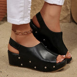 Black Pu Leather Wedge Heel Sandals Women Rivets Back Strap Platform Sandles Woman Plus Size 43 Thick Sole Rome Sandalias Mujer