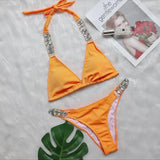 9 Colors Sexy Bikini Women Luxe Crystal Diamond Metal Chain Pit Striped Swimwear Swimsuit Bikinis Set Bathing Suit Beach Bikini
