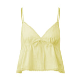 Womens Solid Color Sleep Tank Tops Spaghetti Strap Stylish Lace Trim Striped Front Bow Backless V Neck Sleep Camisoles