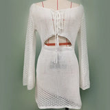 2026 Bikini Cover-up Beach White Crochet Tunic Knitted Summer Bodycon Mini Dress See Through Hollow Out Sexy Women Cover Up