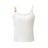 Fashion Solid Color Thin Strap Floral Chest Pad Women White Ribbed Top With Sleeveless Slim Fit Casual Summer Top Charming 3N4J