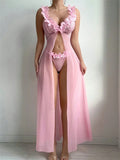 Pink Floral Sexy Lingerie Dress Women Nighties Exotic Babydolls Slip Nightdress Deep-V Lace Mesh See Through Nightgowns