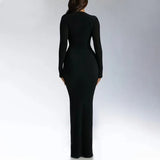 Trendy Solid Color Slim Long Dresses Women Sexy Deep V-neck Hollow Out Leace-up Package Hip Bodycon Party Dress Female Vestidos