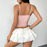 Phantasy Fashion Laec Balck Crop Top Women French Style Pink Bow Strap Tanks Lady Elegant Party Fishbone Camisole Summer Outfit