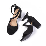 Elegant Ankle Buckle High Heel Sandals Women Black Flock Open Toe Block Heels Rome Sandals Woman Plus Size Bag Heel Party Shoes