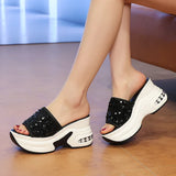 Wedge Heel Silver Sequin Sandals Women 2026 Fashion 9Cm Chunky Heeled Slippers Woman Plus Size 42 Thick Sole Platform Sandles