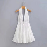 Foridol White Beach Summer Dress Women Backless Cotton Lace Short Autumn Sundress Women Clothing Halter A-line Pleated Dress