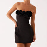 Women Solid Color Sexy Mini Dress Sleeveless Strapless Backless Flowers Slim Fit Summer Tube Dress Party Clubwear