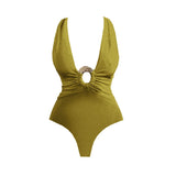 2Pcs Deep V Swimsuit With Long Skirt Women Sexy Swimwear Female Bikini Cut Out Biquini Swim Suit Shiny Button Bodysuit Beachwear