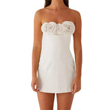 Women Solid Color Sexy Mini Dress Sleeveless Strapless Backless Flowers Slim Fit Summer Tube Dress Party Clubwear