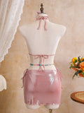 Women embroidery flower glitter metallic bikinis sets 3pcs with split mini skirt swimsuit bathing suit beach outfits biquini