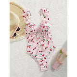 S - XL Cherry Printed Plaid Cut Out One Piece Swimsuit Women Swimwear Female Frilled High Leg Cut Bather Bathing Suit Swim V7557