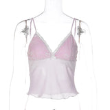 FDYOUI Y2K Pink Camisoles Women Sexy V-neck Lace Patchwork Tank Tops 2026 Summer Backless Sleeveless Corset T-shirt Streetwear