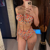 Flowers Printed Bandeau Female Swimsuit High Waist Bikini Women Swimwear Two-pieces Bikini set Bather Bathing Suit Swim V6613