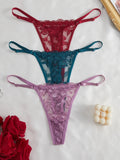 3Pcs/Set Women Sexy Floral Lace Thong Panties Low Waist Hollow Lace Sexy Lingerie Adjustable Thin Strap Underwear