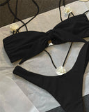 Floral Bikinis Push Up Women Swimsuits 2024 Sexy Bandeau Swimwear Brazilian Bikini Set Solid Biquini Black Beachwear Female