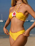 with Mesh Skirt 3D Flowers Halter Bandeau Bikini Female Swimsuit Women Swimwear Three-pieces Bikini Set Bathing Suit Beachwear