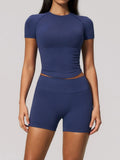 Seamless Yoga Sets Women Short Sleeve O Neck Slim Sports T Shirts Gym Outfits Abdominal Compression Shorts Running Fitness Suit