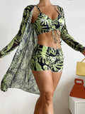 New Sexy 3 Pieces Suit for Women Neck Hanging Bikini Set+Cover-up Swimwear Sunproof Tankini High Waist Shorts Swimsuit Beachwear