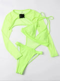 Neon Long Sleeve High Cut Out Women Swimwear One Piece Swimsuit Female Mesh Monokini Bather Bathing Suit Swim Lady Beachwear