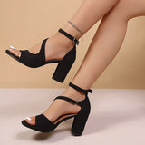 Elegant Ankle Buckle High Heel Sandals Women Black Flock Open Toe Block Heels Rome Sandals Woman Plus Size Bag Heel Party Shoes