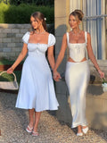 Bowknot Ruffles Light Blue Midi Dress Women's Summer Off Shoulder Short Sleeve Beach Dress Drawstring White A-line Vestidos 2025