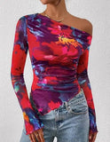 Women's Off-Shoulder Ruffled Sleeve Long-Sleeve Top with Asymmetrical Tie-Dye Mesh Asymmetrical Pleated Floral Print T-Shirt