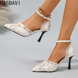 Spring Women's Sandals Pointed Toe Thin Heels 8cm Ankle Buckle Strap French Lace Up Ladies Pumps Dress Shoes Sandals New 2026