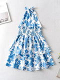 Sexy Red Floral Print Backless Summer Women Boho Mini Dress Bodycon Sleeveless Beach Lace Up Bowknot Dropshipping Dress Sundress