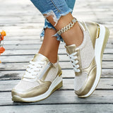 Plus Size 44 Wedges Sneakers Women Fashion Pink Gold Lace Up Platform Sports Shoes Woman Non Slip Thick Bottom Vulcanized Shoes