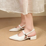White Leather Pointed Toe Low Heel Heels Woman Shoes Pumps Fashion Buckle Strap Mules Sandals Zapatos Mujer