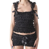 2 Piece Sets Women's Layered Ruffle Lace Sleeveless Vest Tops and Bow Shorts Sets 2024 Summer Casual Gothic Y2K Loungewear