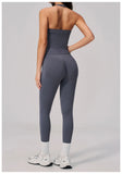 Summer Seamless Yoga Sets Women V Neck Slim Sports Tank Top Fitness Suit Peach Hip High Elasticity Leggings Running Tracksuit