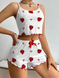 Soft Strawberry Print Pajama Set Frill Trim Slip Cami Top And Bow Decor Shorts Loose Cute Style Fit Women's Sleepwear Nightwear