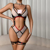 Summer Thin Mesh Hollow Sexy One-piece with Leg Rings Sexy Underwear with Underwire