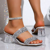 Shiny Sequins High Heels Sandals Women Plus Size 43 Square Toe Transparent Heel Slippers Woman Slip On Gold Crystal Party Shoes