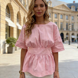 Women’s Summer Solid Color Short Sleeve Peplum Top Wide Cinched Waist Pleated Casual Crew Neck Slim Fit Tunic T-shirts