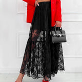 Women See-Through Lace A-Line Skirts Casual Summer Solid Color Elastic Waist Long Skirt for Beach Vacation Club