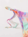 Women Tie Dye Print Micro Mini String Bikini Sets Three Pieces with Mesh Bow Tie Skirt Swimsuit Bathing Suit Beach Outfits