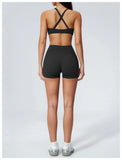 2 Piece Summer Yoga Sets for Women Hollow Back Cross Sports Bra Fitness Clothes Tight High Waist Shorts Running Workout Clothes