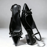 Big Size 42 Vintage y2k Slingback Sandals Women Summer Elegant Nude Bow Knot Pointed Toe 3cm Square Heels Office Lady Shoes