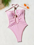 2026 Summer Women's One-piece Suit Swimwear Sexy Hollow Out Neck Lace-up Bodysuit Beachwear High Waist Push Up Bathing Suits